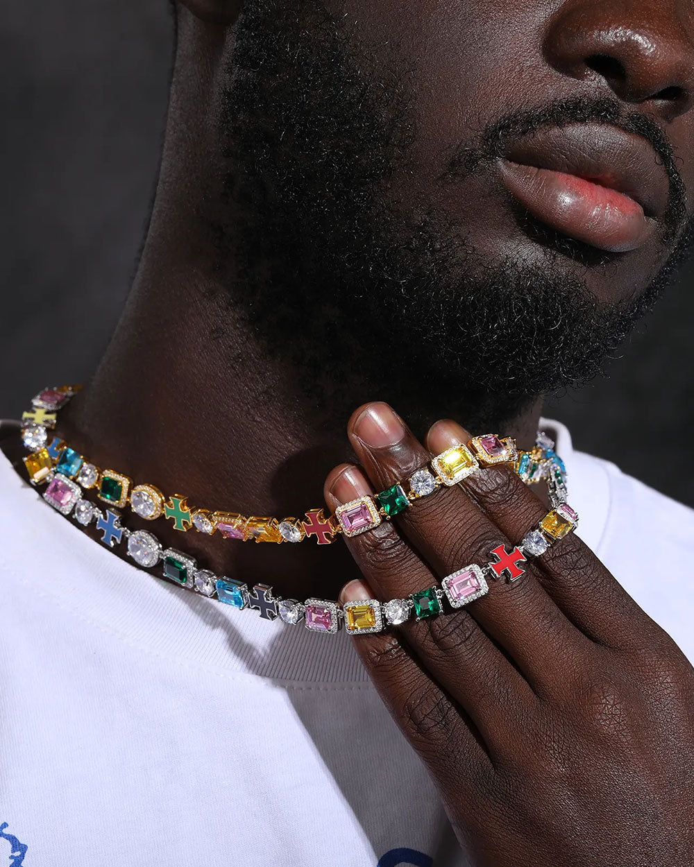 MOISSANITE CROSS & GEMSTONES CHAIN.